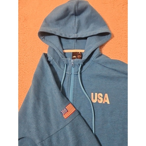 Adidas Mens Full Zip Hoodie Size Medium Blue‎ Pocket Long Sleeve American Flag - Picture 1 of 8